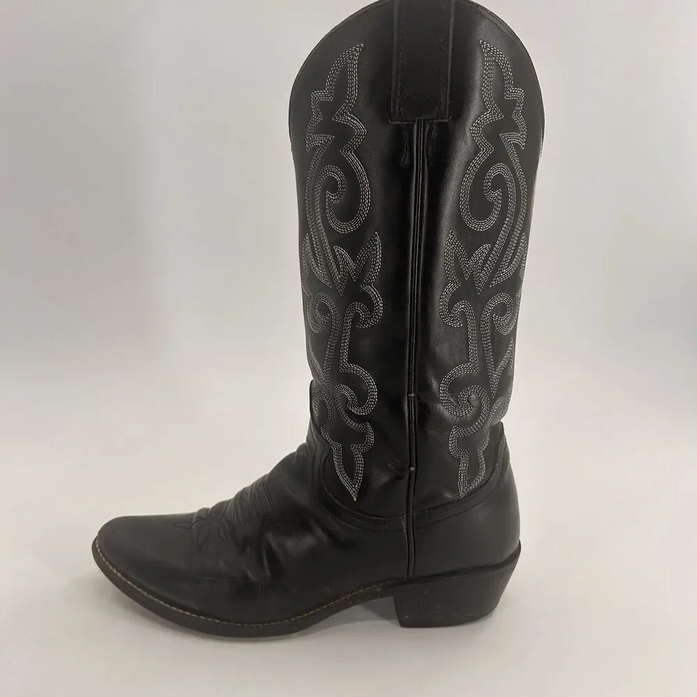Justin Cowboy Boots 8.5 D Black Leather Western Scroll Stitch 1409 Pointed Toe